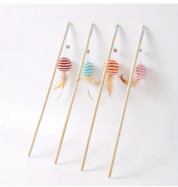 Wooden Stick with Ball & Feather Toy For Cat 40cm