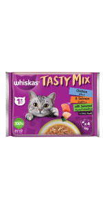 Whiskas Tasty Mix Tuna, Salmon and Spinach in Jelly 70g pack of 4